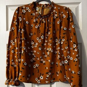 Women's Floral Ruffle Neck Blouse - Rust